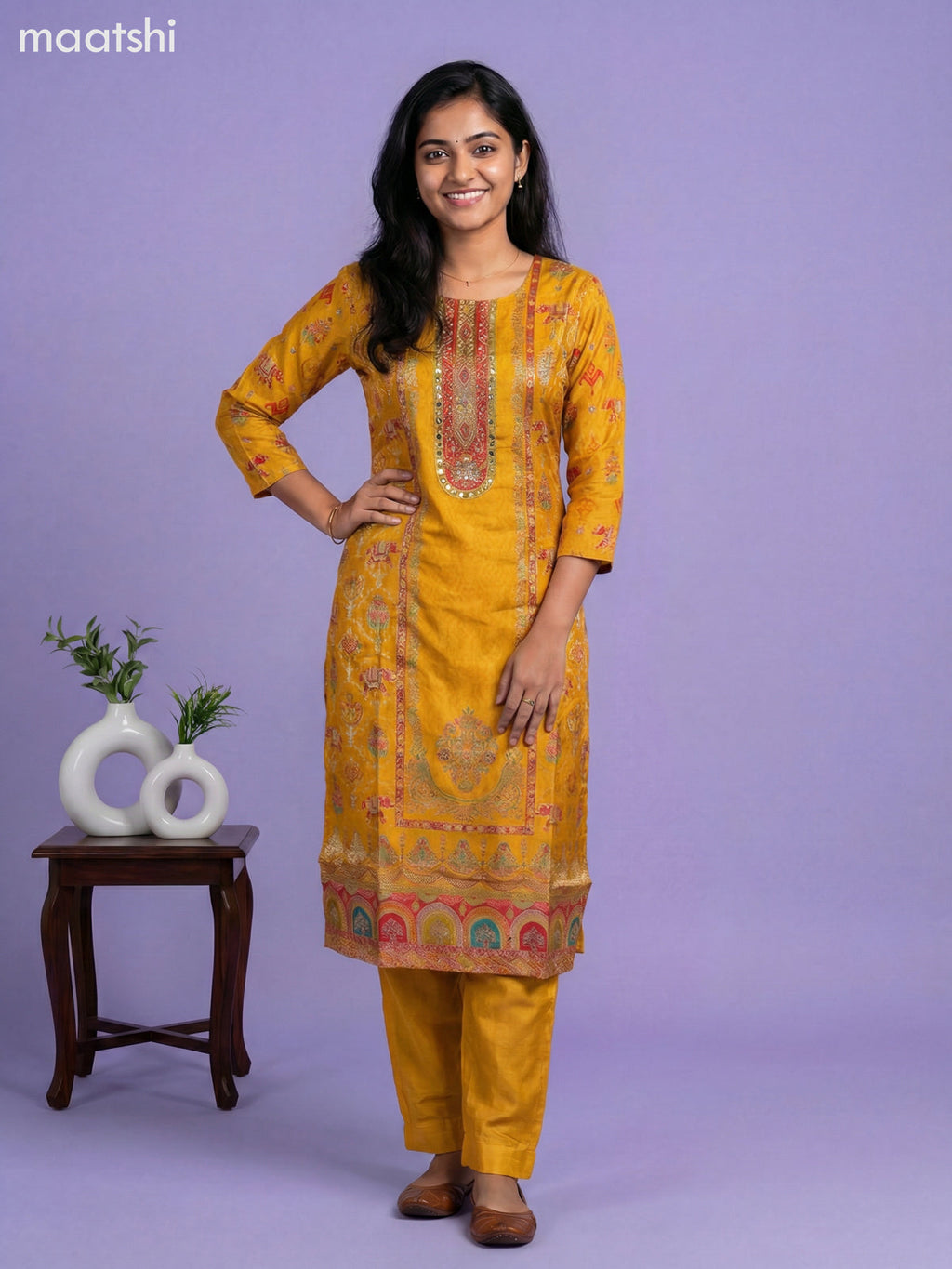 Mustard Yellow Art Tussar With Banarasi Style Straight Suit
