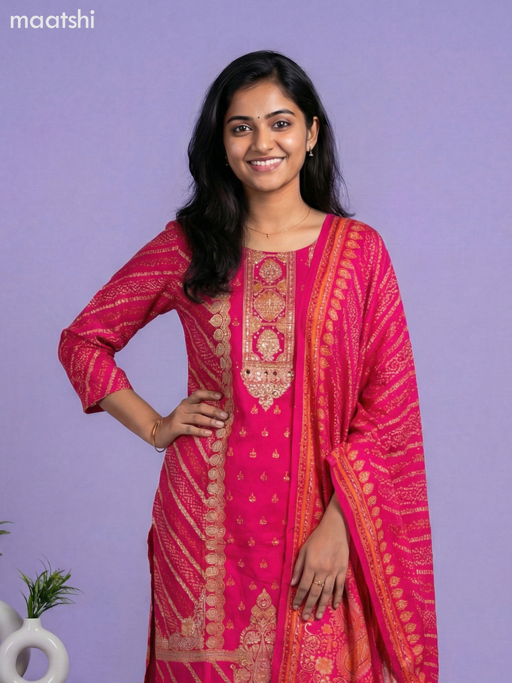 Pink Art Tussar With Banarasi Style Straight Suit