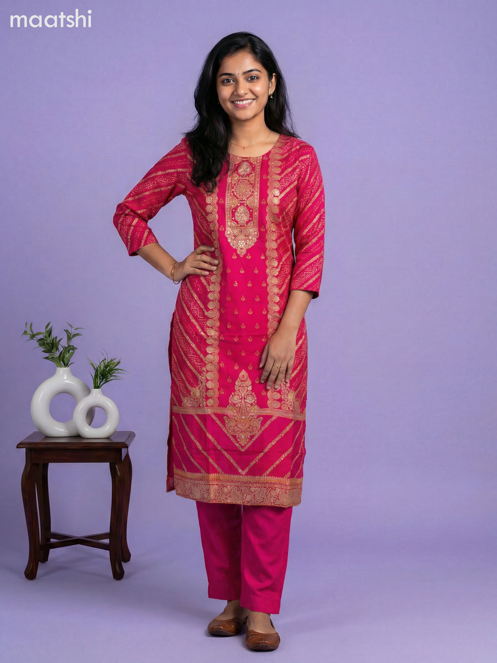 Pink Art Tussar With Banarasi Style Straight Suit