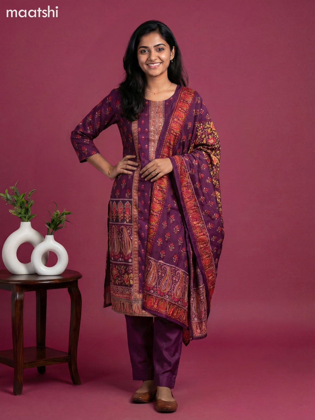 Wine Shade Art Tussar With Banarasi Style Straight Suit