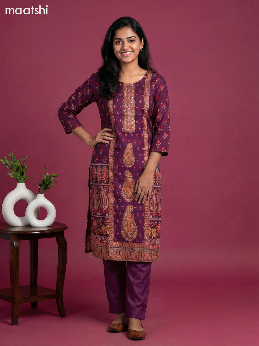 Wine Shade Art Tussar With Banarasi Style Straight Suit