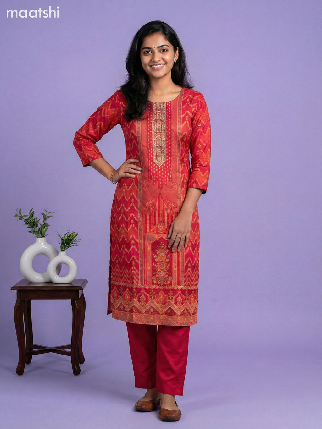 Reddish Pink Art Tussar With Banarasi Style Straight Suit