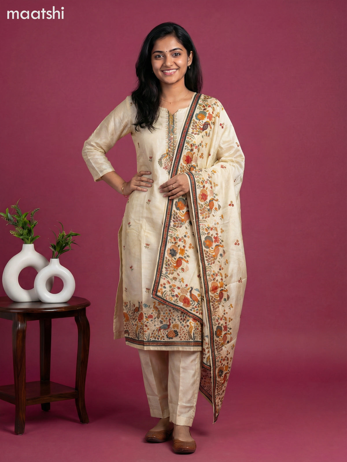 Cream Art Tussar With Banarasi Style Straight Suit