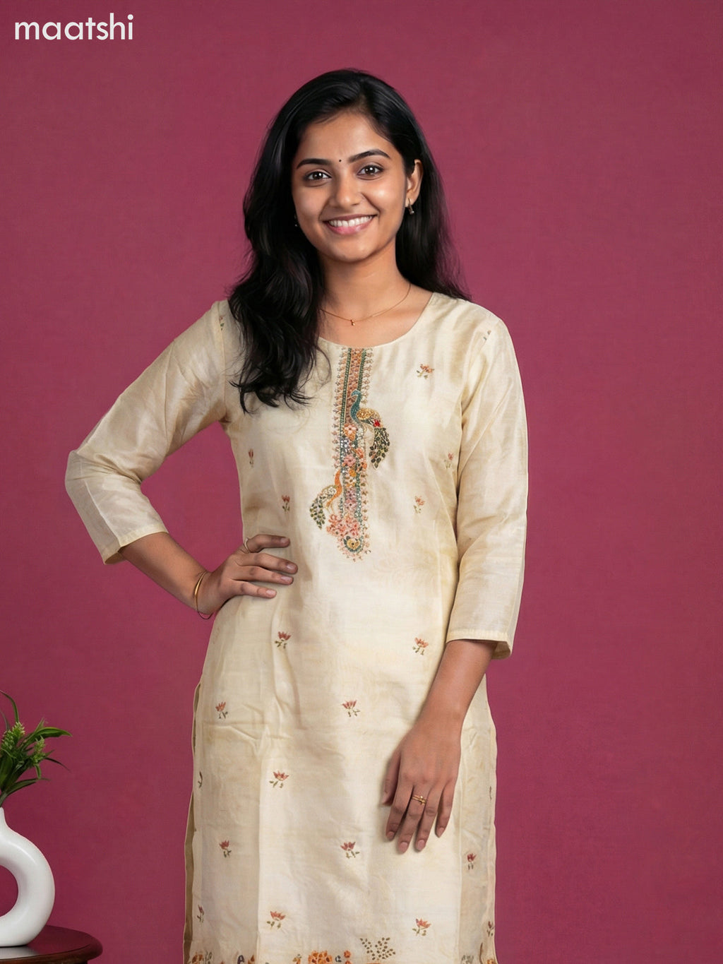 Cream Art Tussar With Banarasi Style Straight Suit