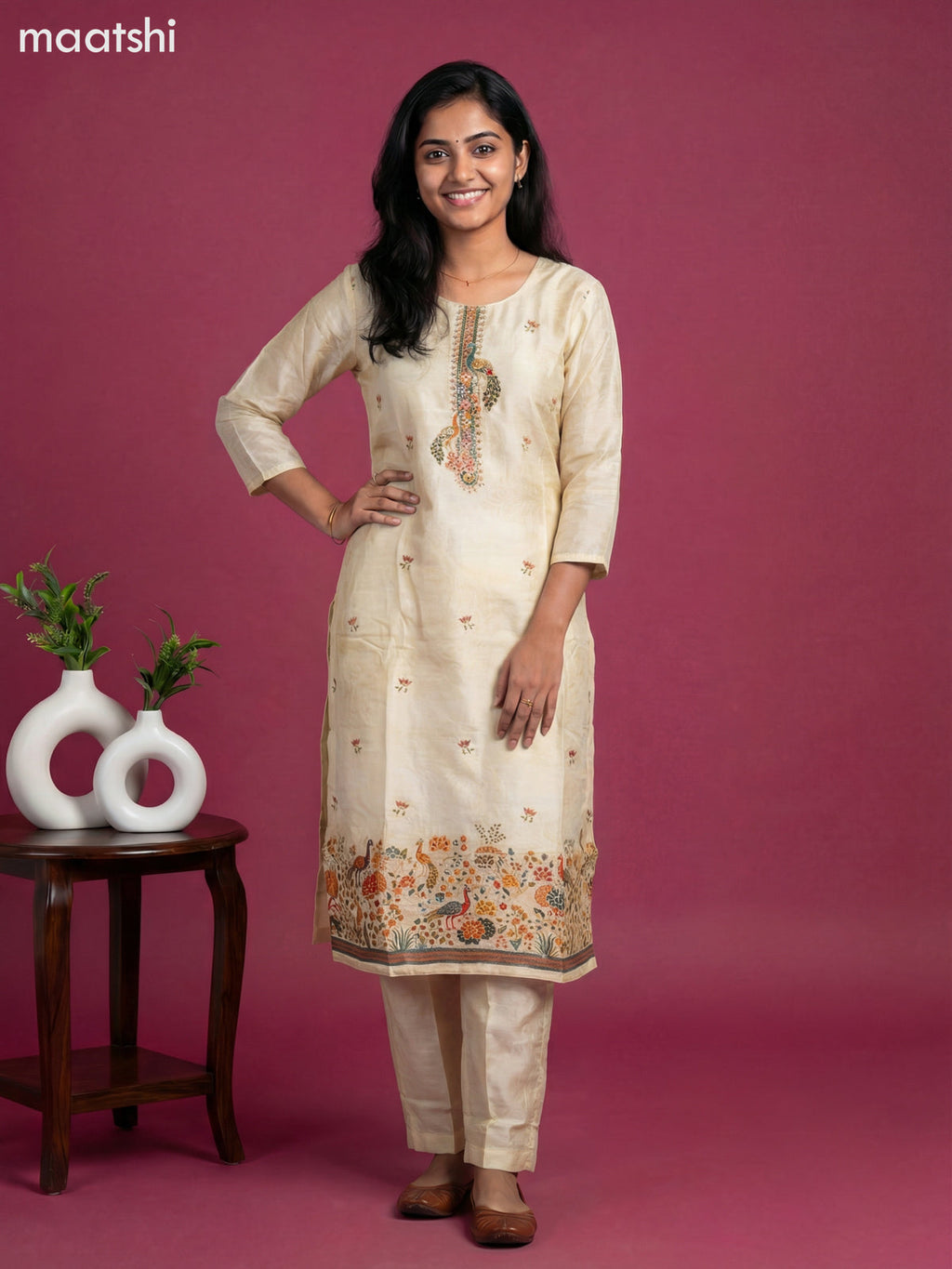 Cream Art Tussar With Banarasi Style Straight Suit