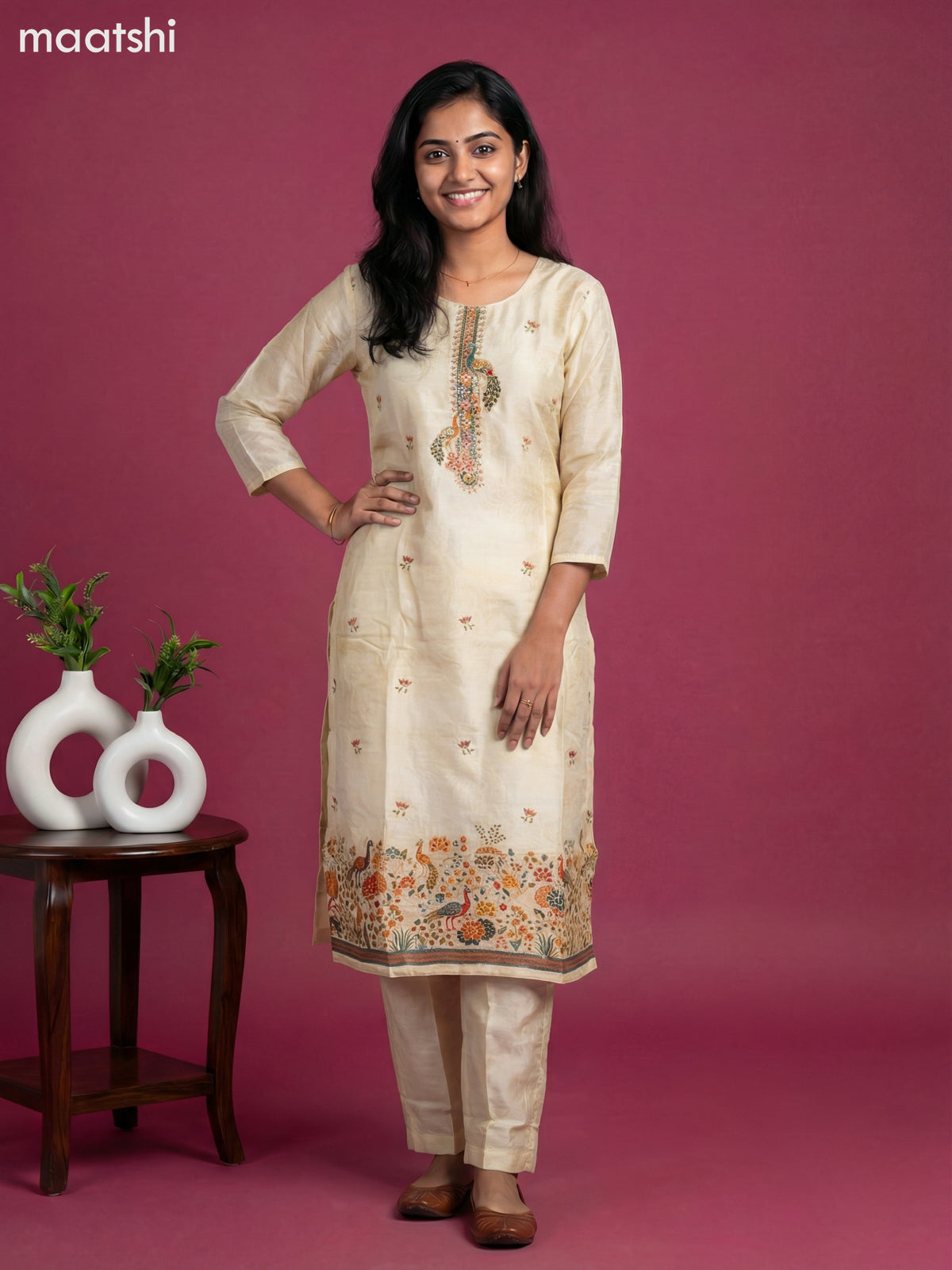 Cream Art Tussar With Banarasi Style Straight Suit