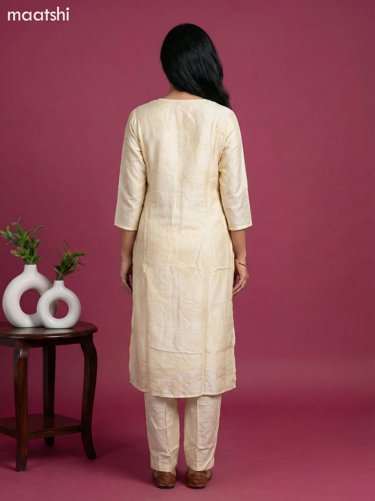 Cream Art Tussar With Banarasi Style Straight Suit