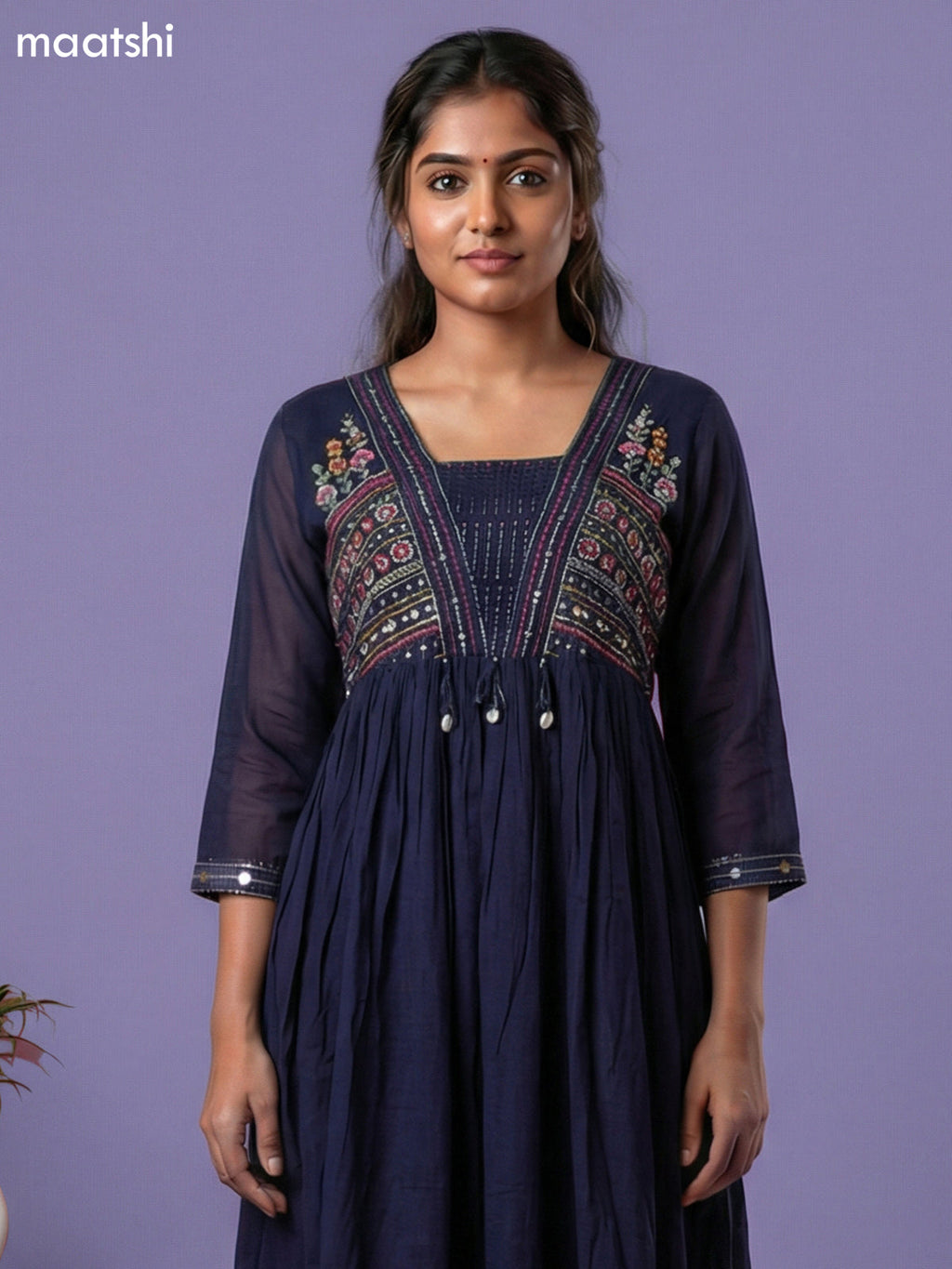 Navy Blue Cotton Embroidery Work Anarkali Suit
