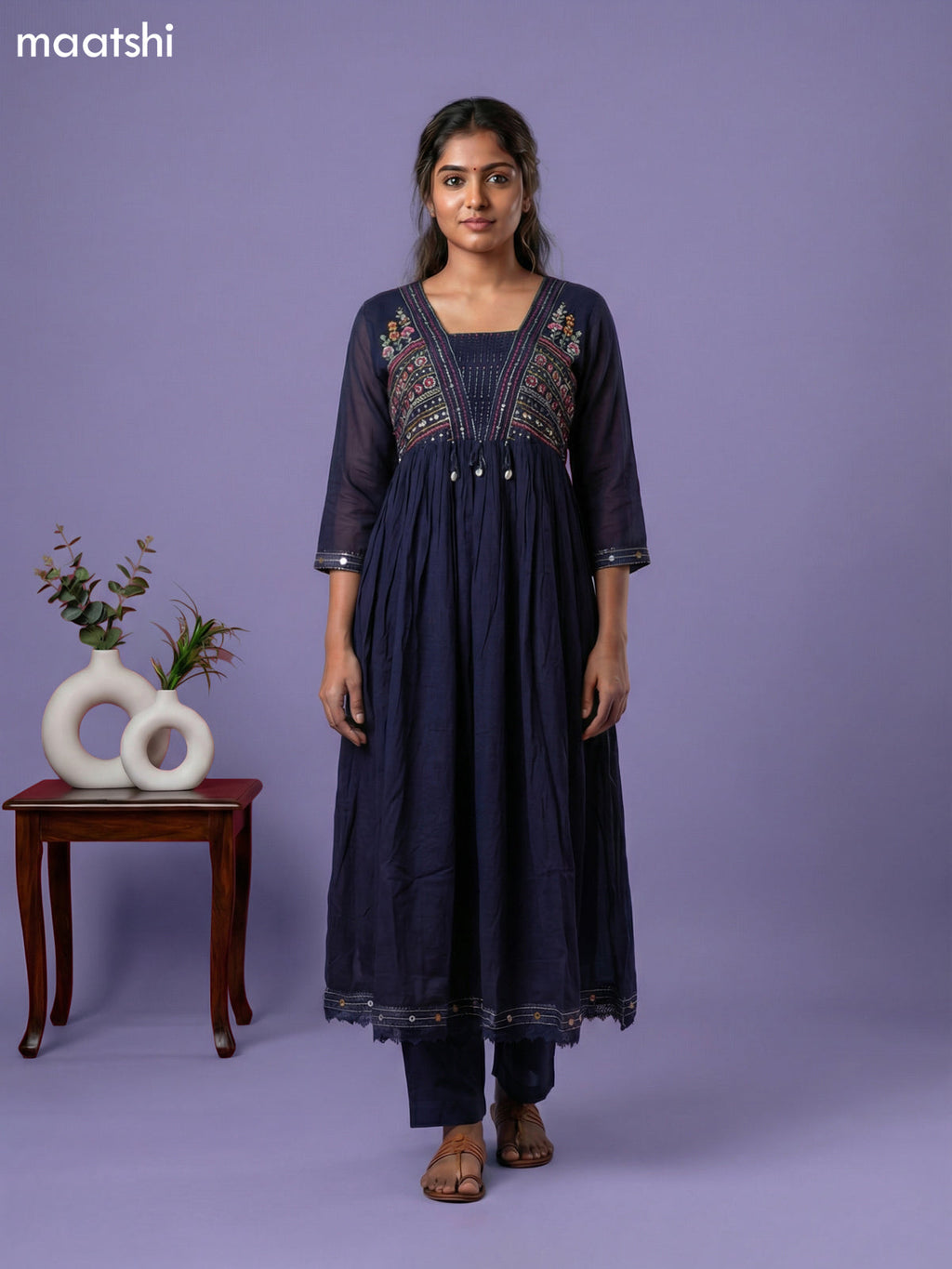 Navy Blue Cotton Embroidery Work Anarkali Suit