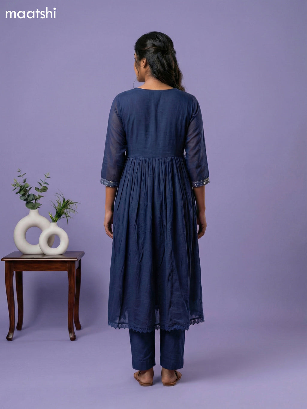 Navy Blue Cotton Embroidery Work Anarkali Suit