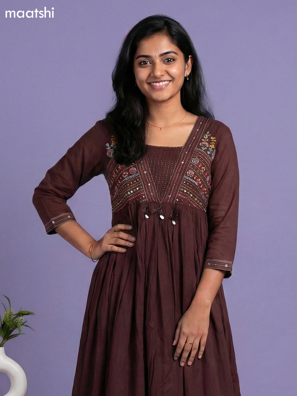 Brown Cotton Embroidery Work Anarkali Suit