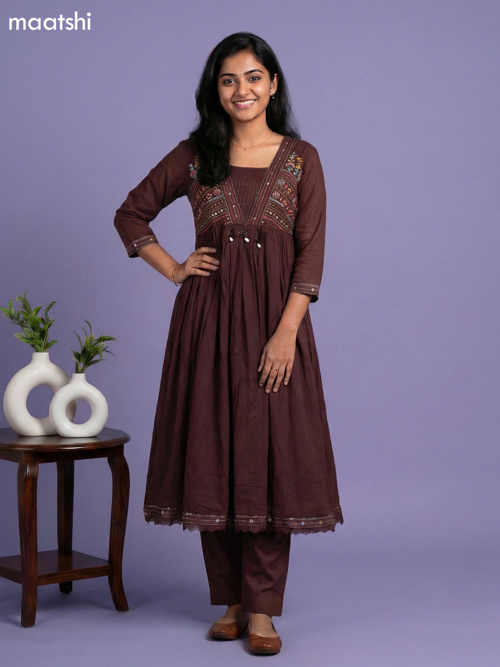 Brown Cotton Embroidery Work Anarkali Suit