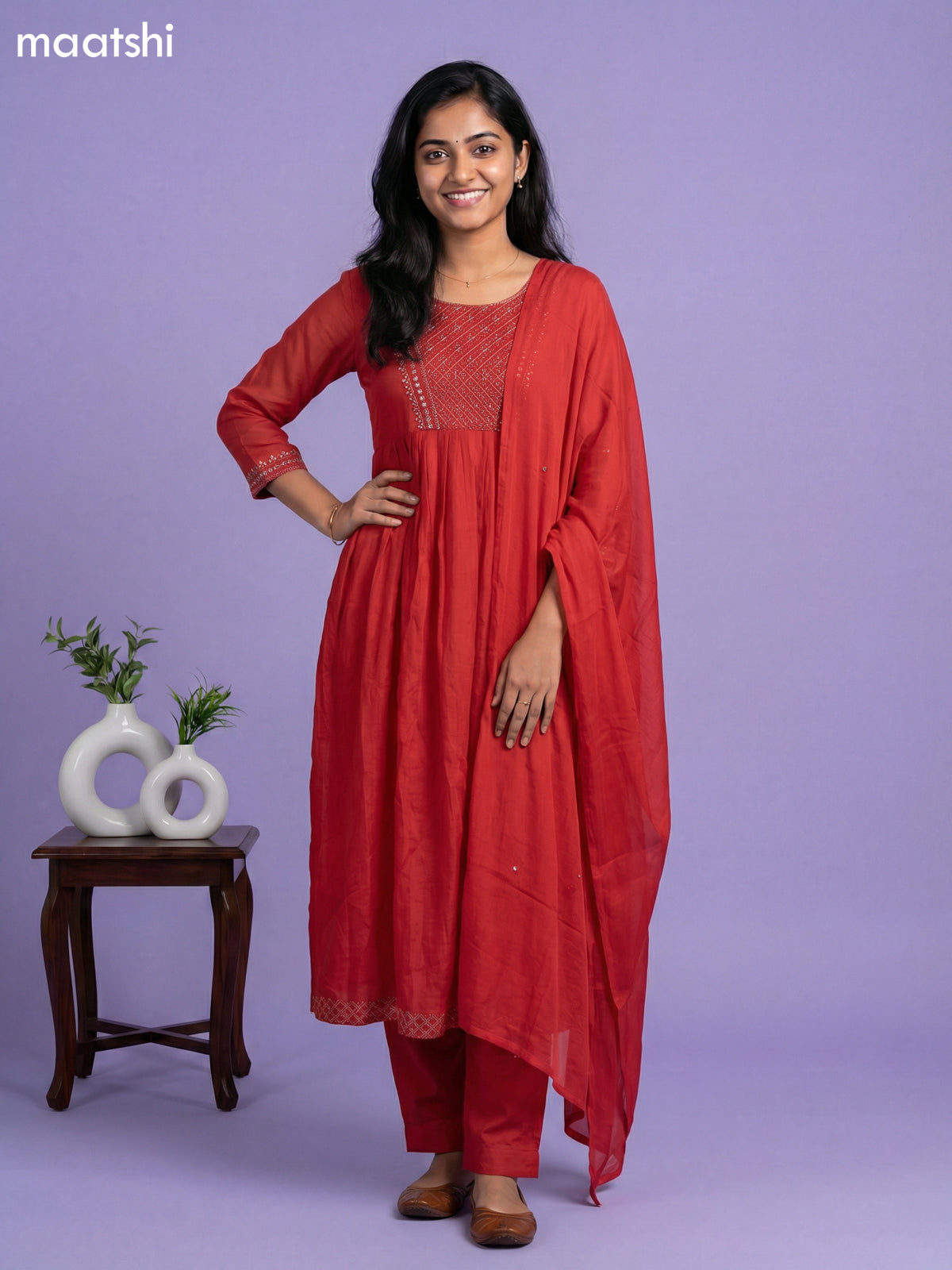 Red Cotton Embroidery Work Anarkali Suit