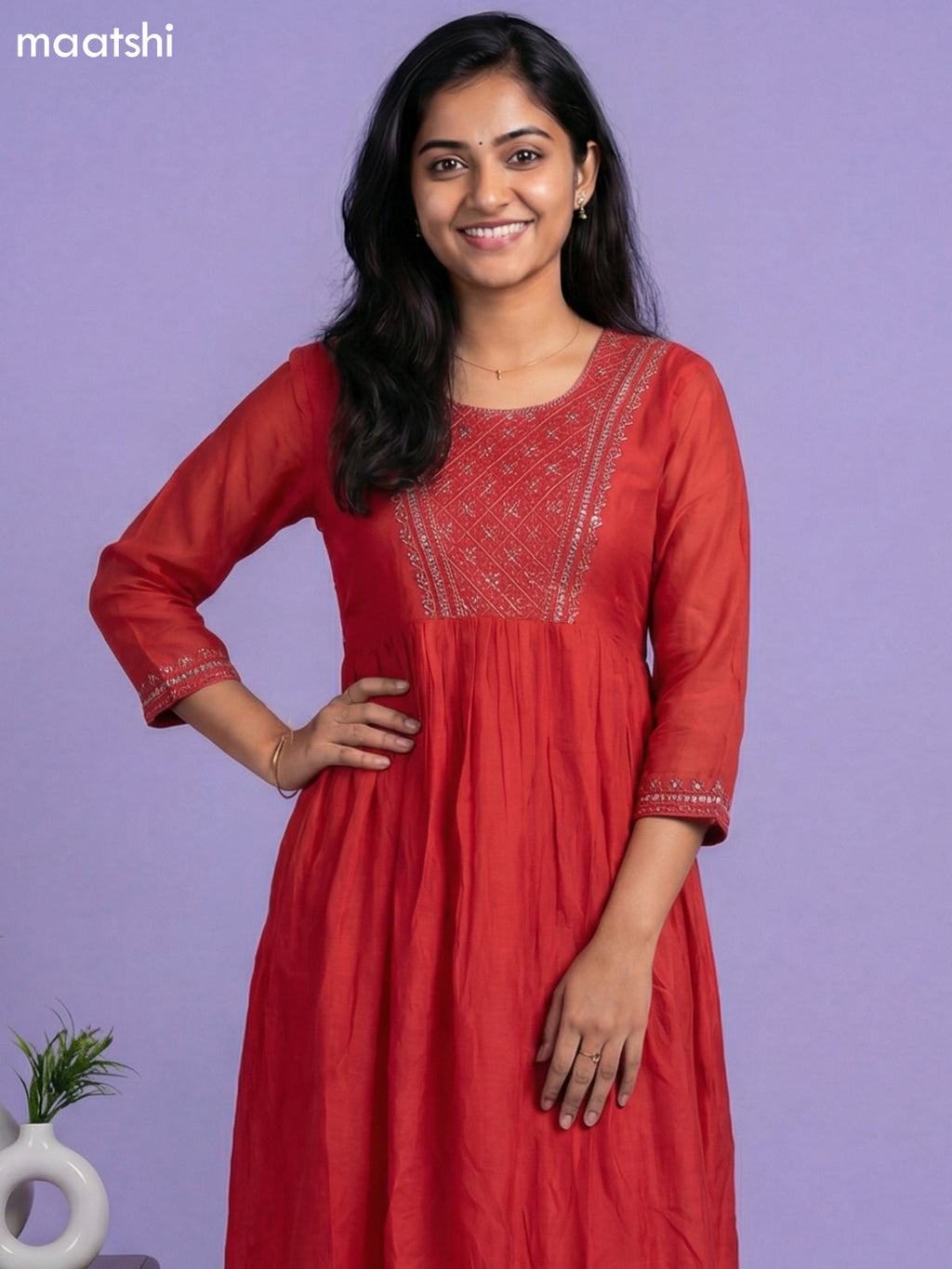 Red Cotton Embroidery Work Anarkali Suit