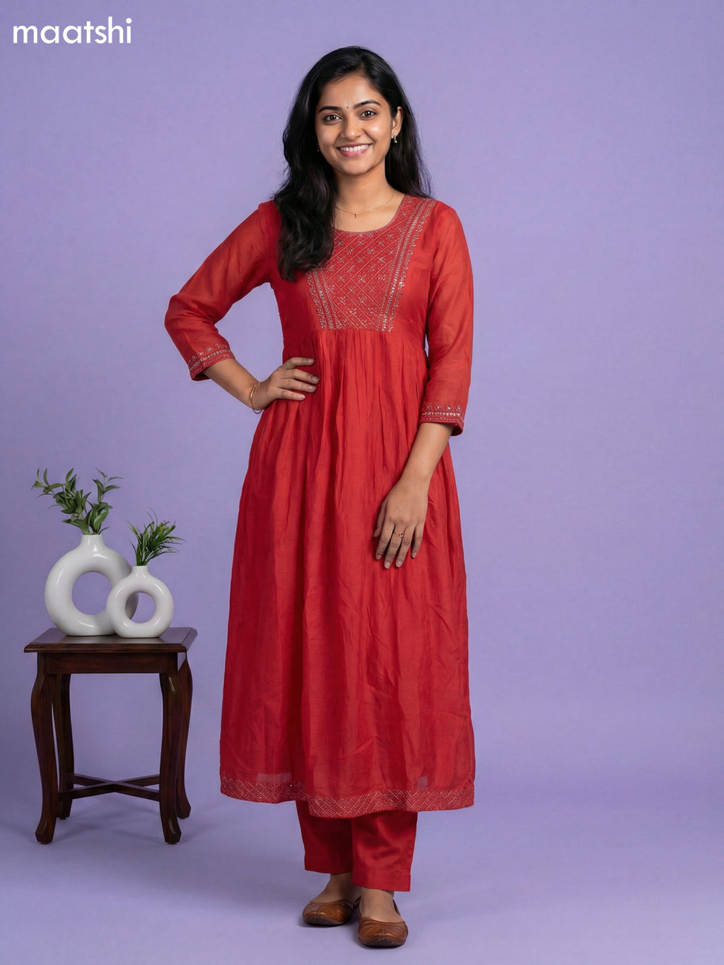 Red Cotton Embroidery Work Anarkali Suit