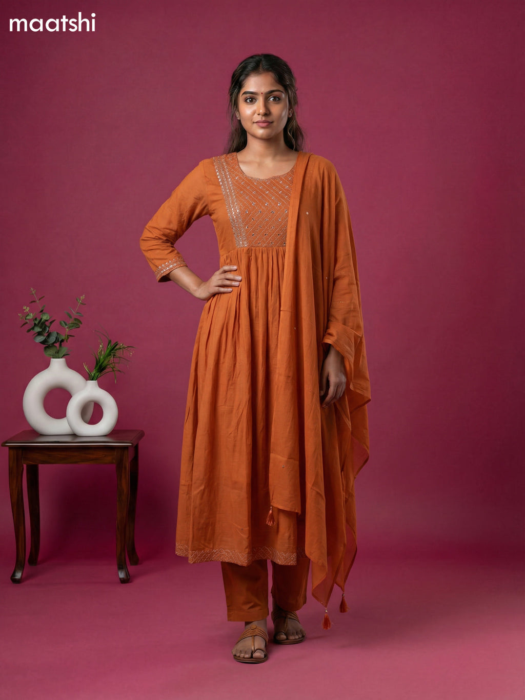 Rustic Orange Cotton Embroidery Work Anarkali Suit