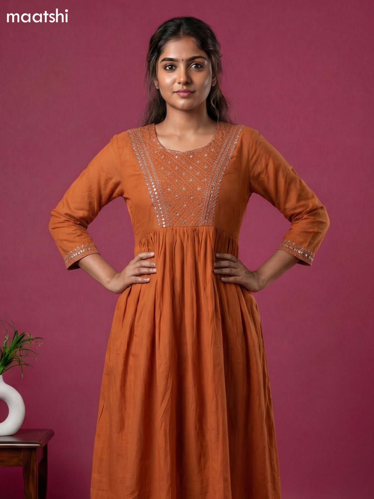 Rustic Orange Cotton Embroidery Work Anarkali Suit