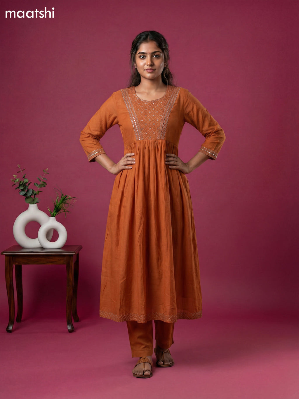 Rustic Orange Cotton Embroidery Work Anarkali Suit