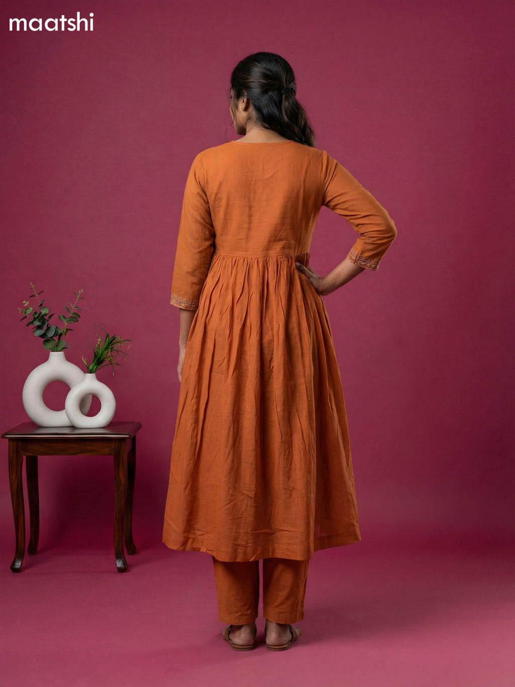 Rustic Orange Cotton Embroidery Work Anarkali Suit