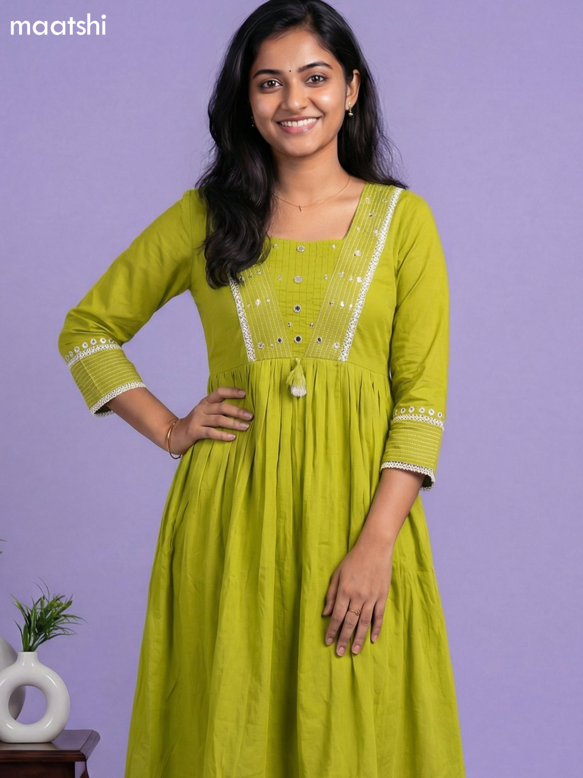 Lime Green Cotton Embroidery Work Anarkali Suit