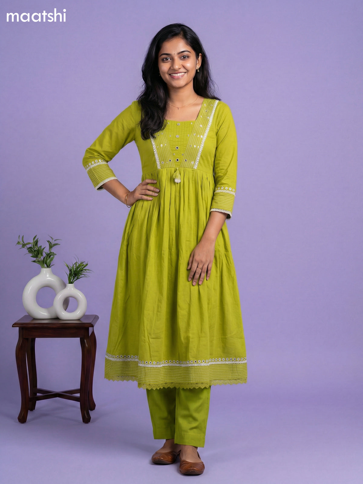 Lime Green Cotton Embroidery Work Anarkali Suit