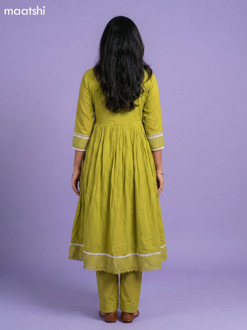 Lime Green Cotton Embroidery Work Anarkali Suit