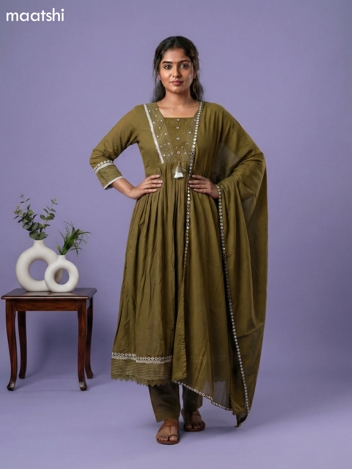 Sap Green Cotton Embroidery Work Anarkali Suit