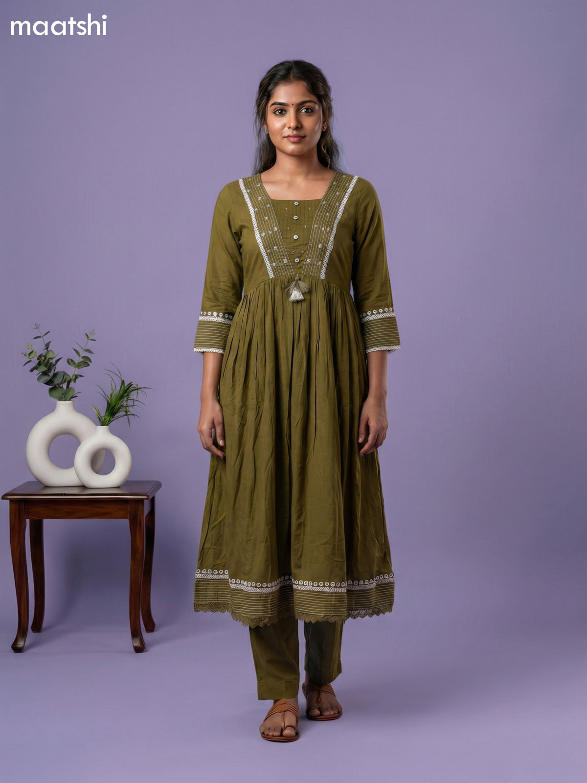 Sap Green Cotton Embroidery Work Anarkali Suit