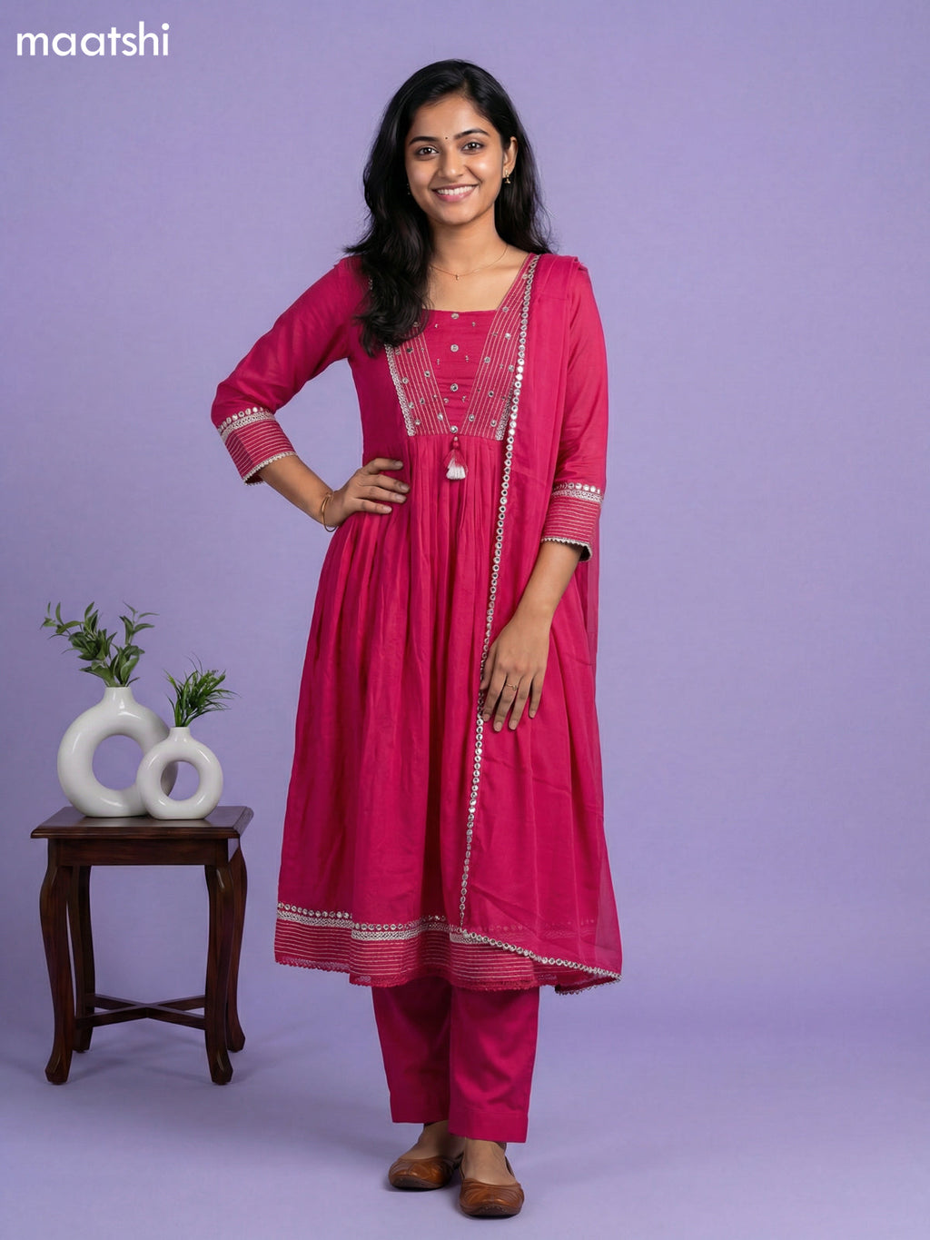 Pink Cotton Embroidery Work Anarkali Suit