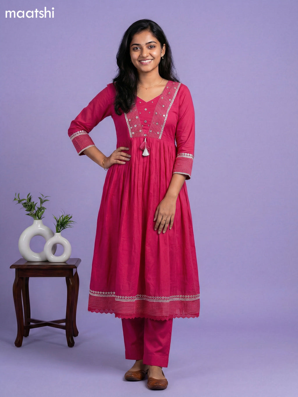 Pink Cotton Embroidery Work Anarkali Suit