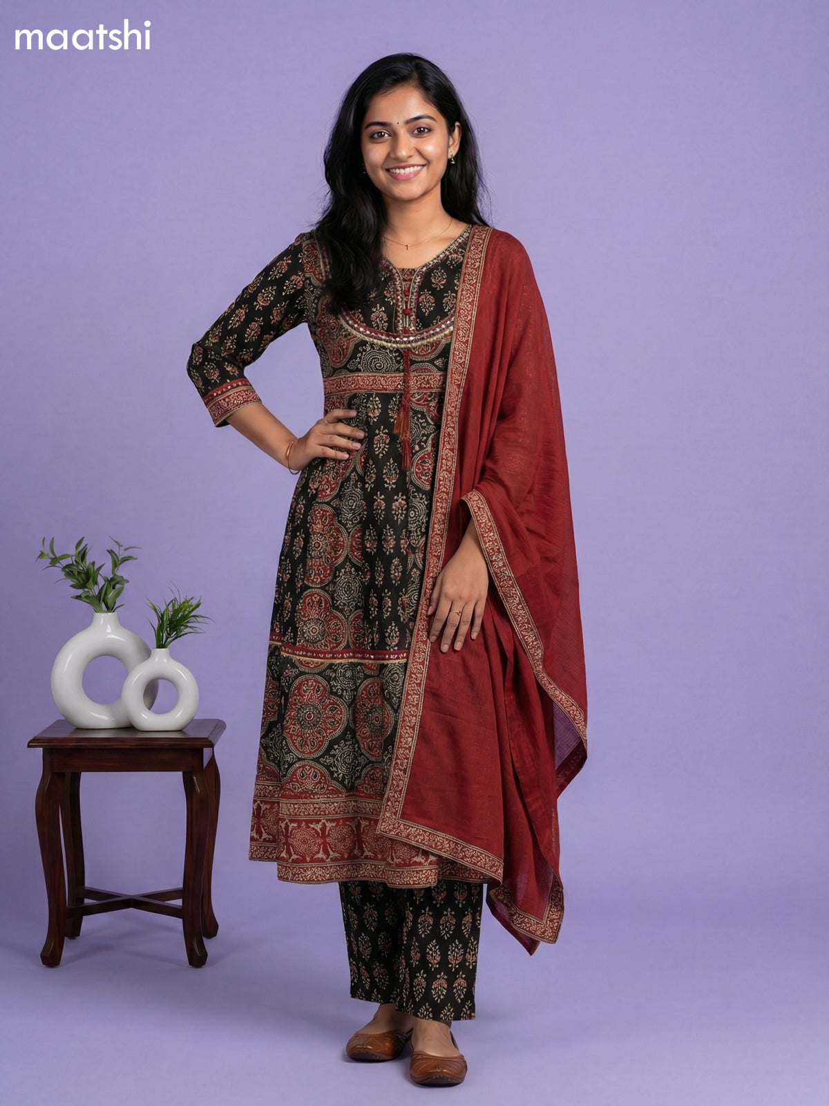 Black Cotton Ajrakh Printed & Embroidery Work Anarkali Suit