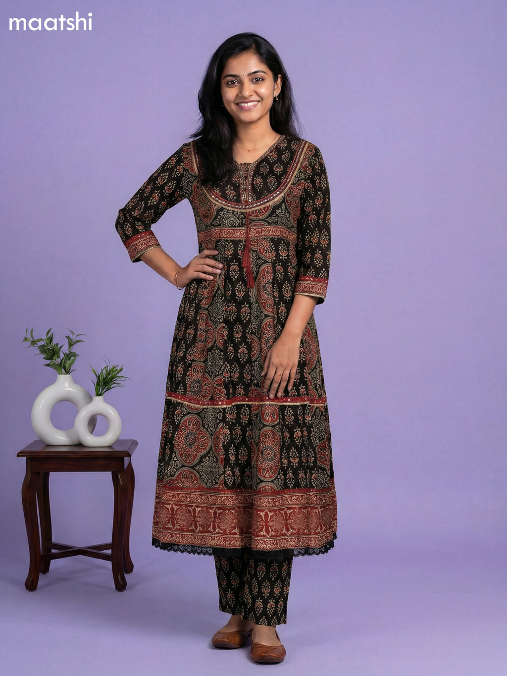 Black Cotton Ajrakh Printed & Embroidery Work Anarkali Suit
