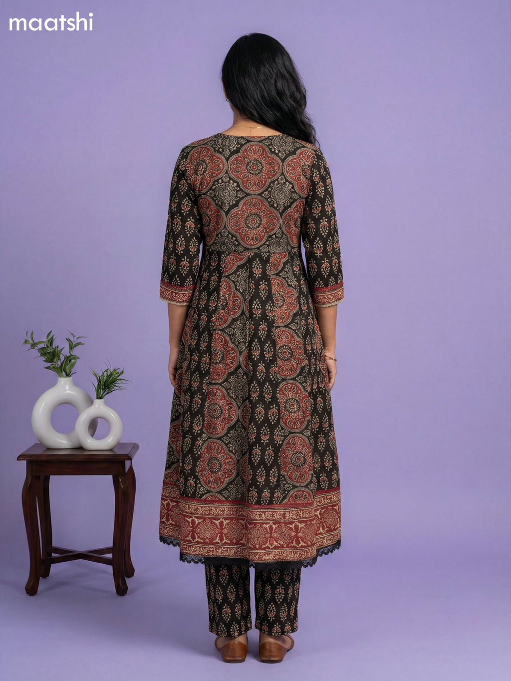 Black Cotton Ajrakh Printed & Embroidery Work Anarkali Suit