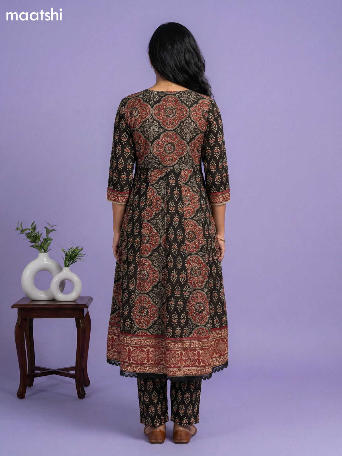 Black Cotton Ajrakh Printed & Embroidery Work Anarkali Suit