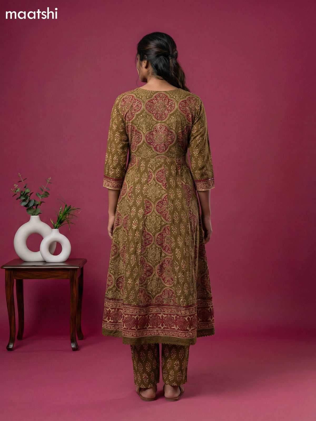 Black Cotton Ajrakh Printed & Embroidery Work Anarkali Suit