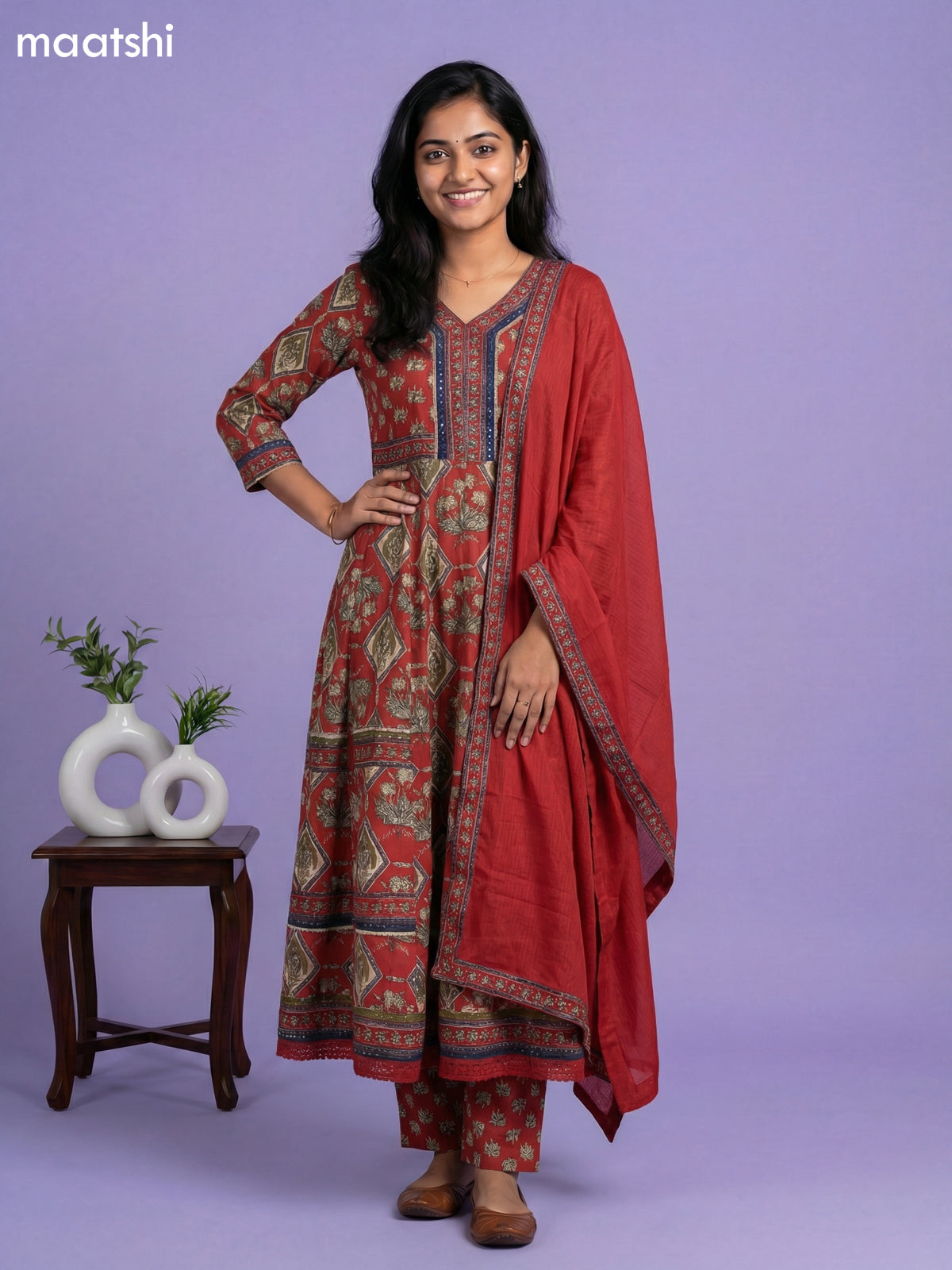 Red Cotton Kalamkari Printed & Embroidery Work Anarkali Suit