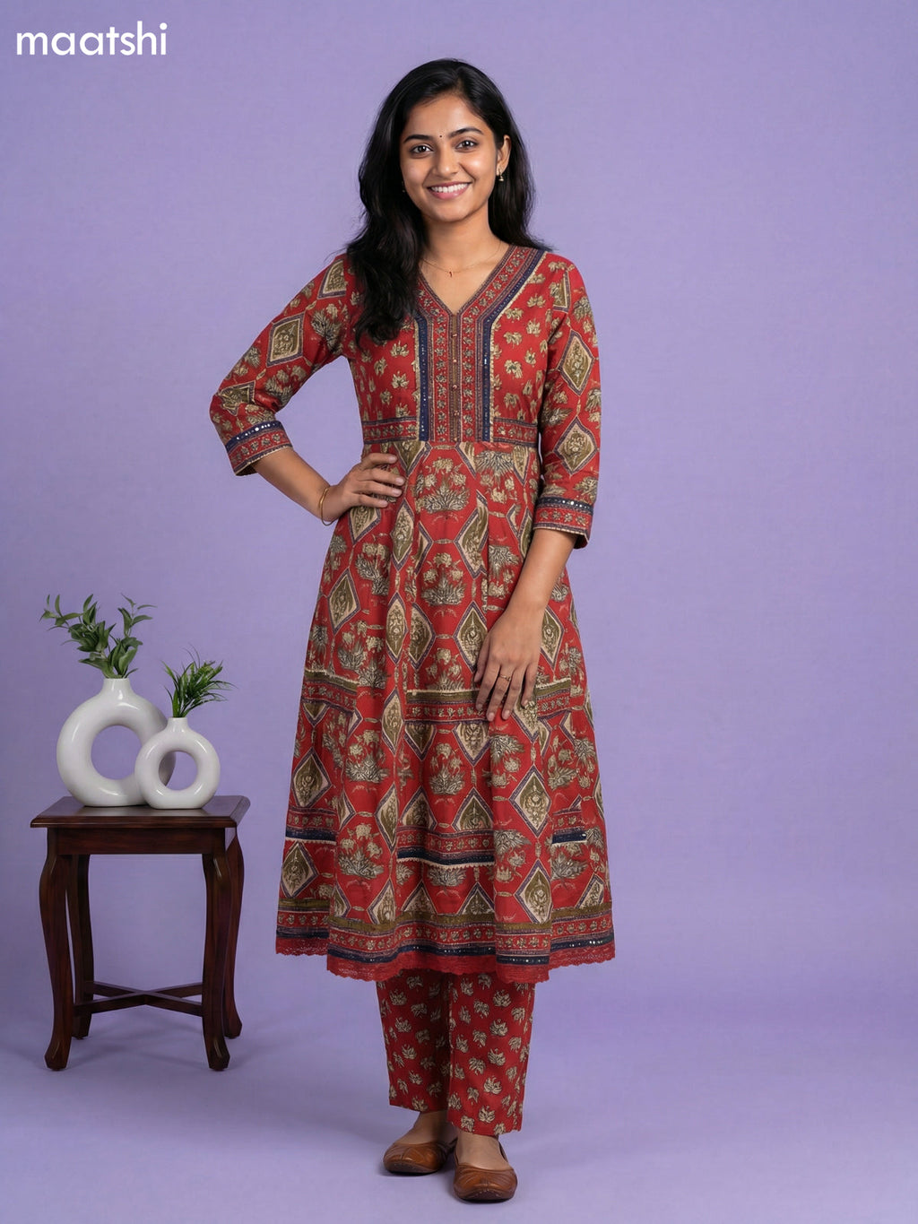 Red Cotton Kalamkari Printed & Embroidery Work Anarkali Suit