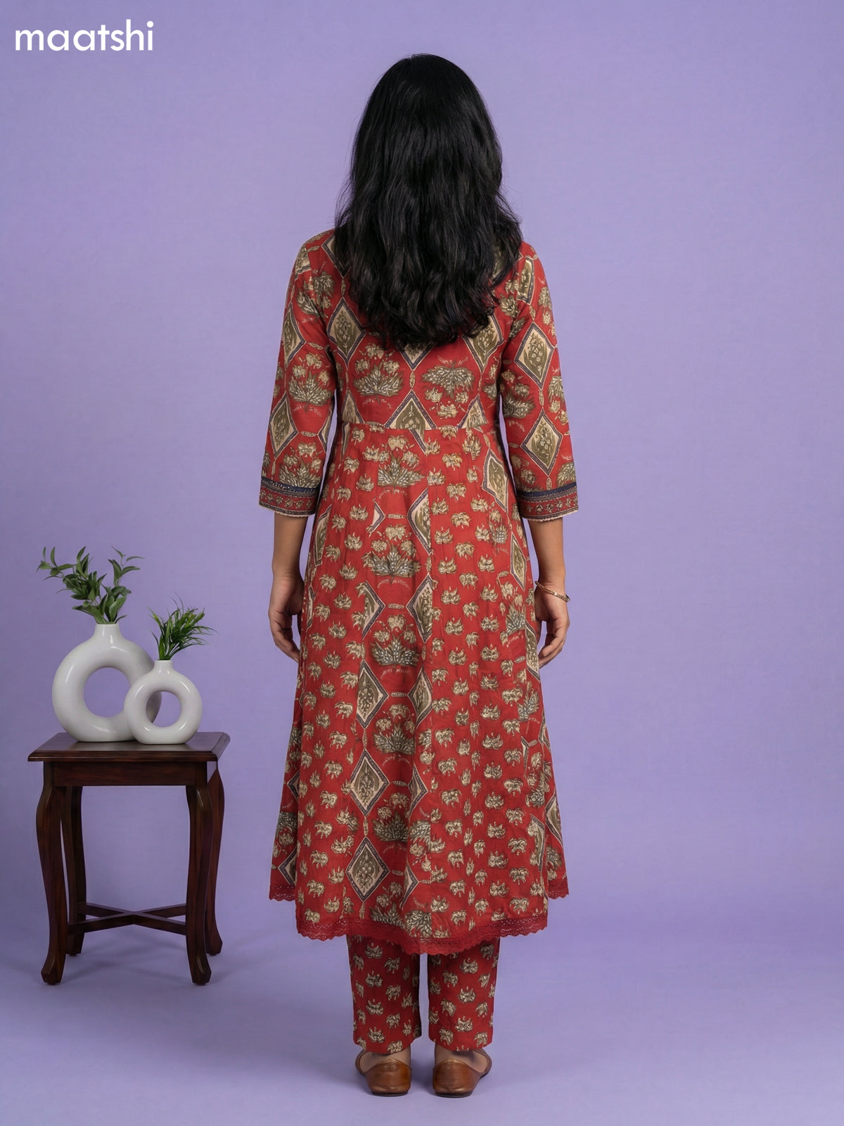 Red Cotton Kalamkari Printed & Embroidery Work Anarkali Suit