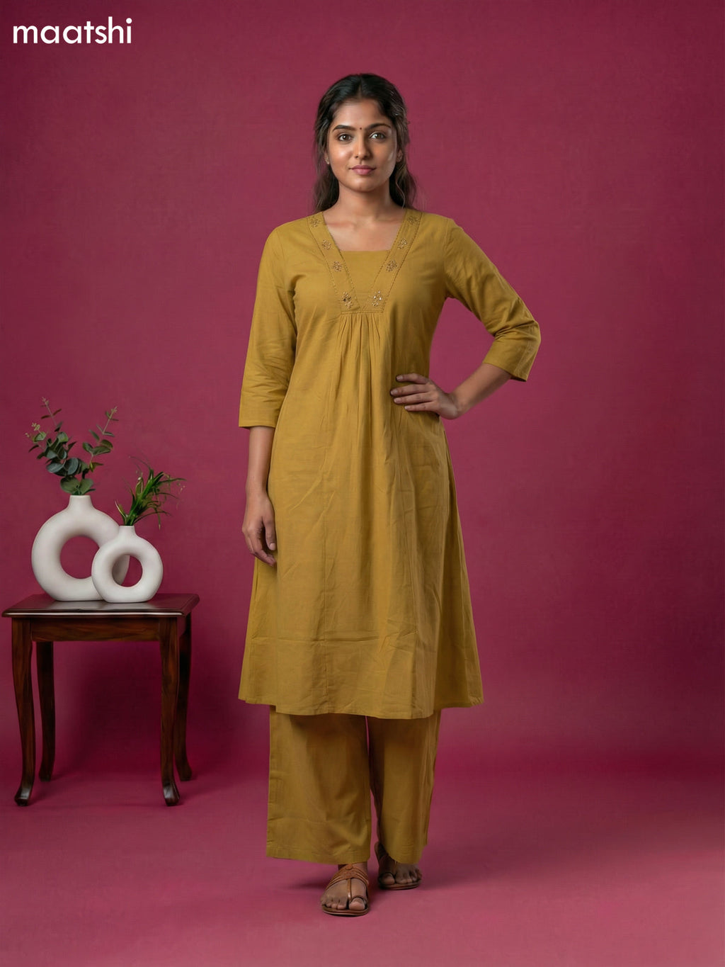 Mustard Cotton Embroidery & Mirror Work Kurti Set