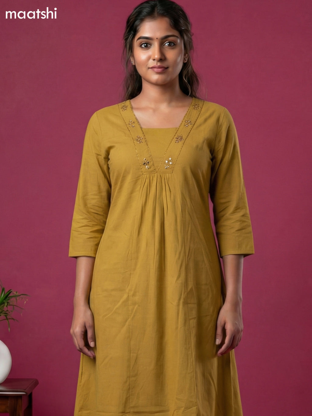 Mustard Cotton Embroidery & Mirror Work Kurti Set