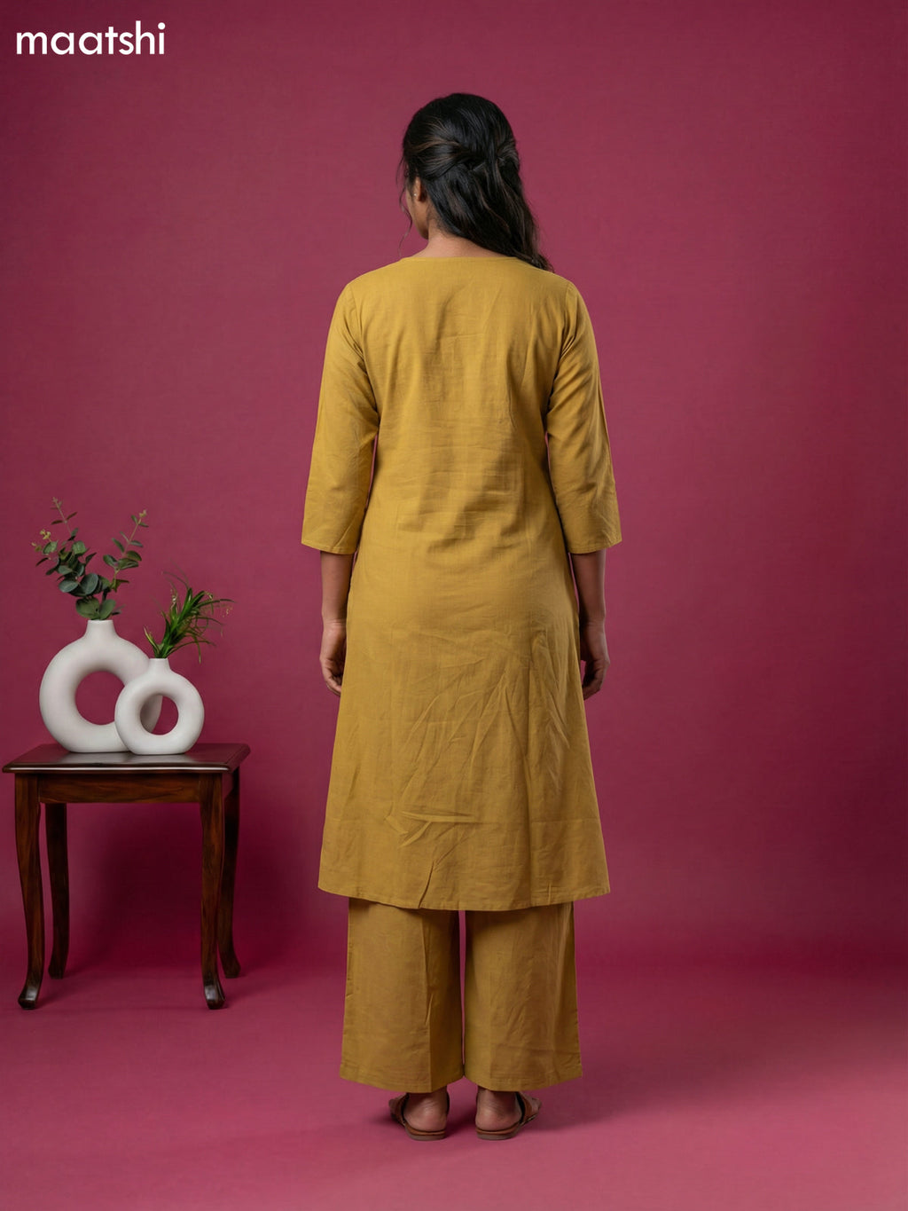 Mustard Cotton Embroidery & Mirror Work Kurti Set