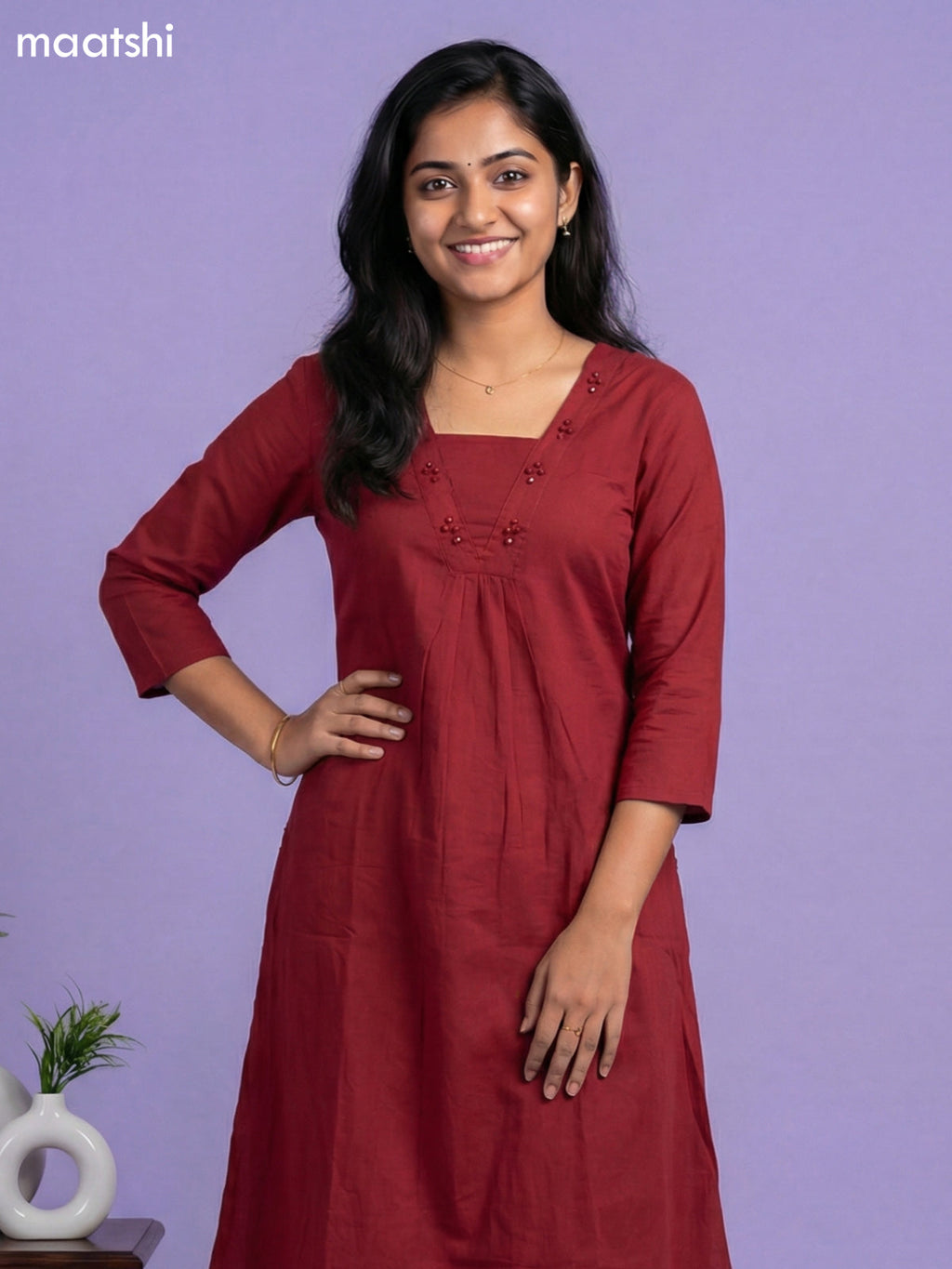 Maroon Cotton Embroidery & Mirror Work Kurti Set