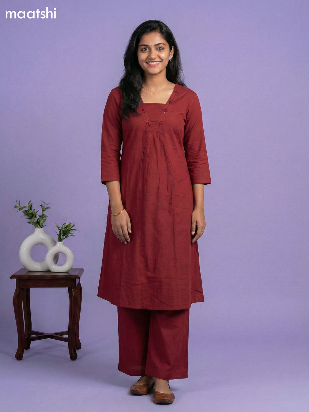 Maroon Cotton Embroidery & Mirror Work Kurti Set