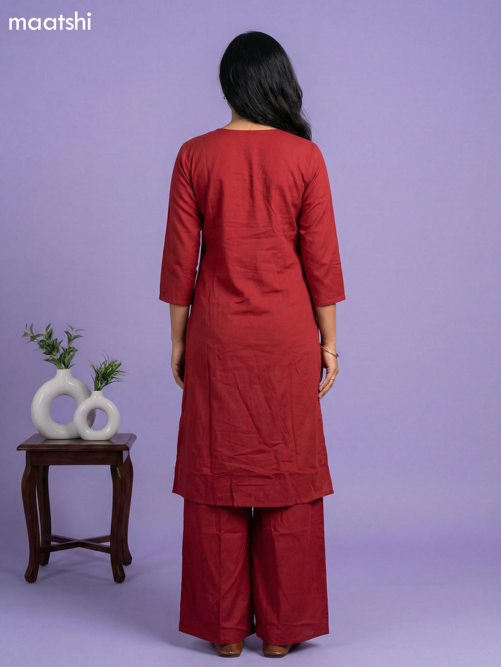Maroon Cotton Embroidery & Mirror Work Kurti Set