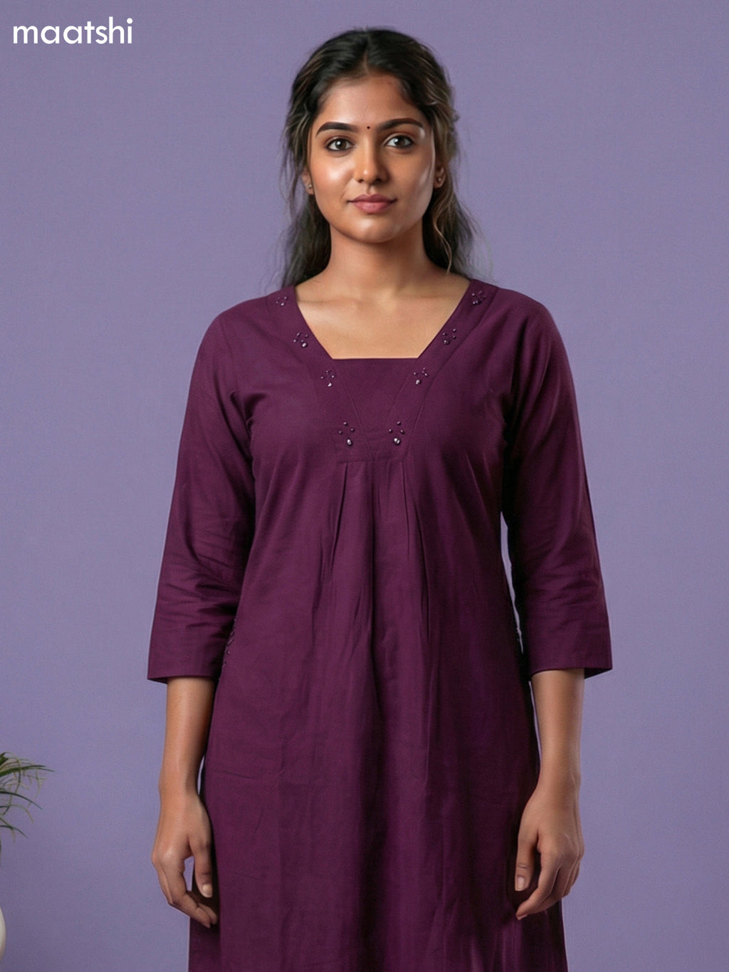 Purple Cotton Embroidery & Mirror Work Kurti Set