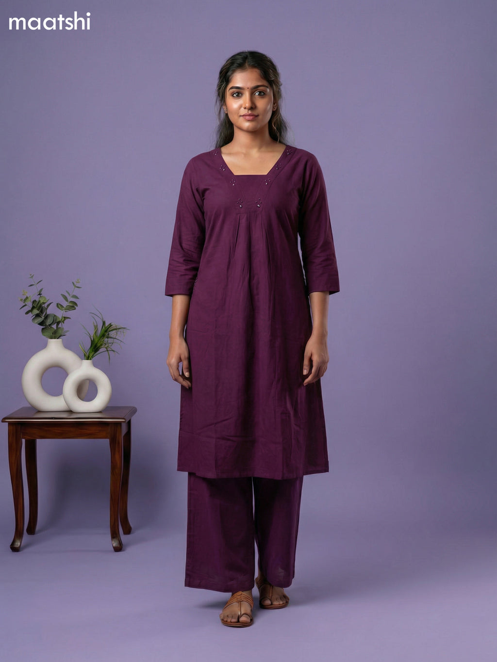 Purple Cotton Embroidery & Mirror Work Kurti Set