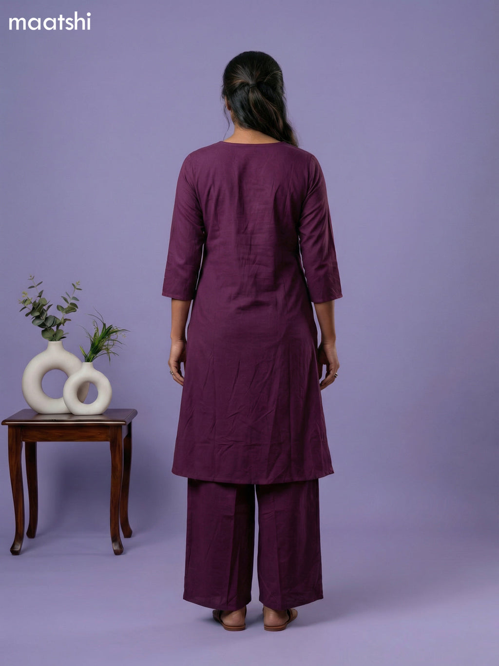 Purple Cotton Embroidery & Mirror Work Kurti Set
