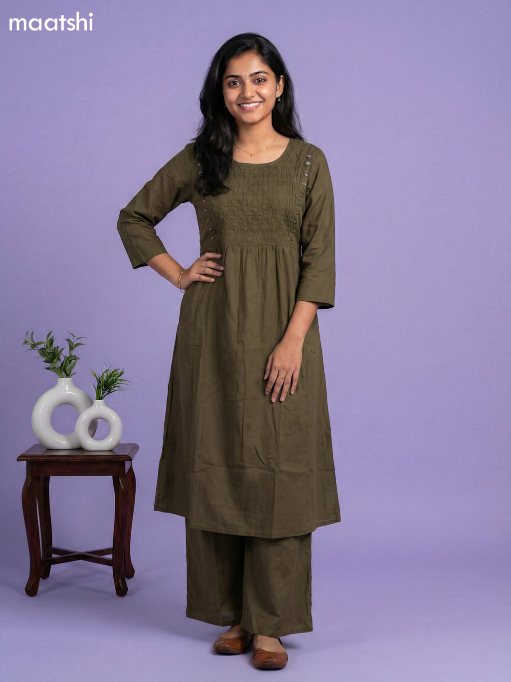 Dark Sap Green Cotton Pintuck Design & Mirror Work Kurti Set
