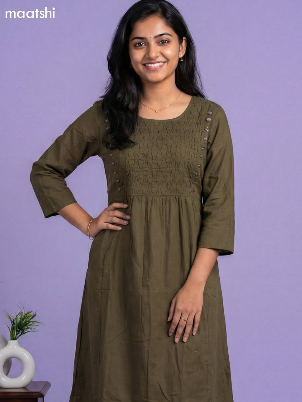 Dark Sap Green Cotton Pintuck Design & Mirror Work Kurti Set