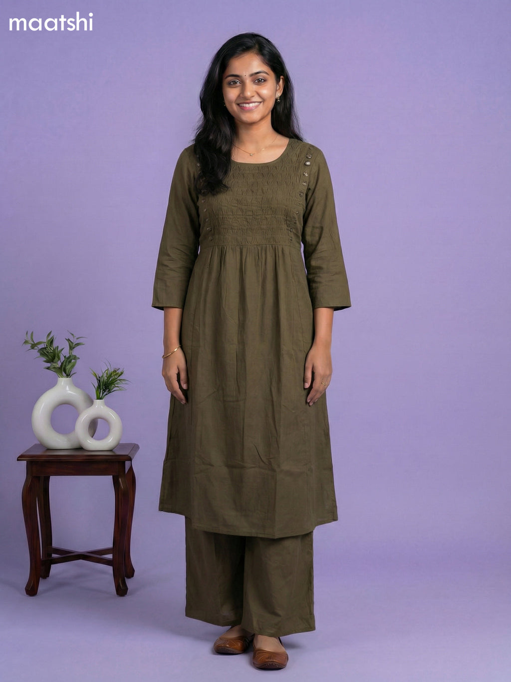 Dark Sap Green Cotton Pintuck Design & Mirror Work Kurti Set
